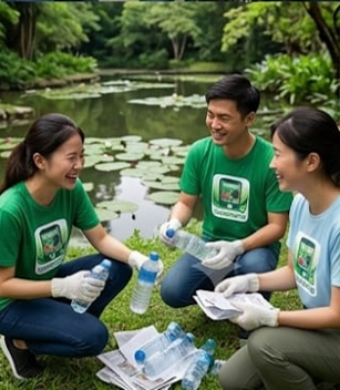 Volunteers cleaning up litter at a Singapore landmark