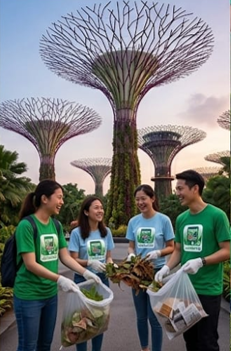 Community volunteers collecting trash in a Singapore park