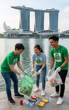 Group of volunteers removing waste at a Singapore beach