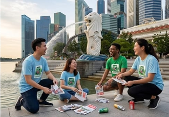 Cleanup team picking up plastic and cans in Singapore