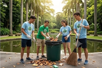 Volunteers in safety vests cleaning a Singapore neighbourhood